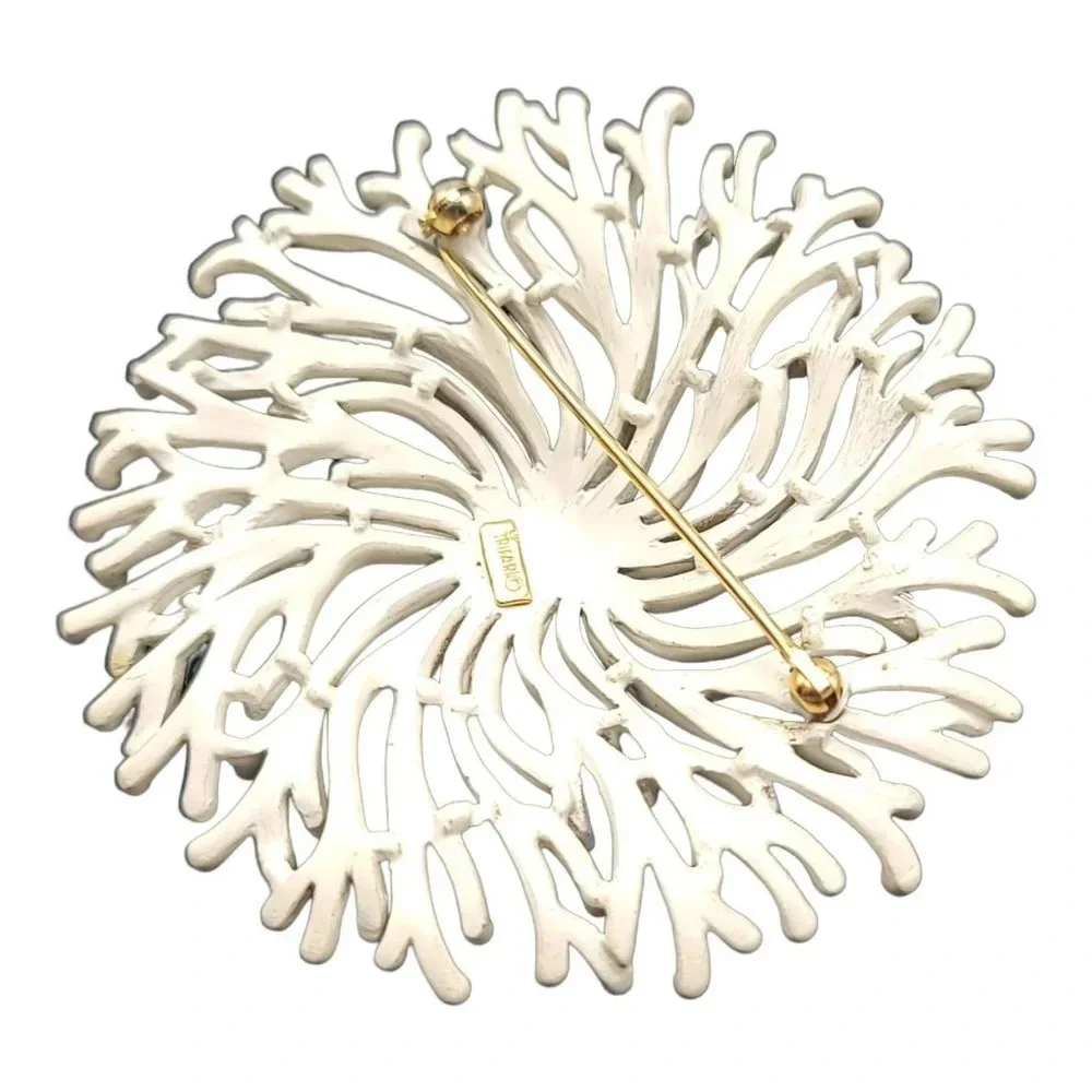 Trifari White Enamel Flower Coral Nature Inspired Brooch Vintage